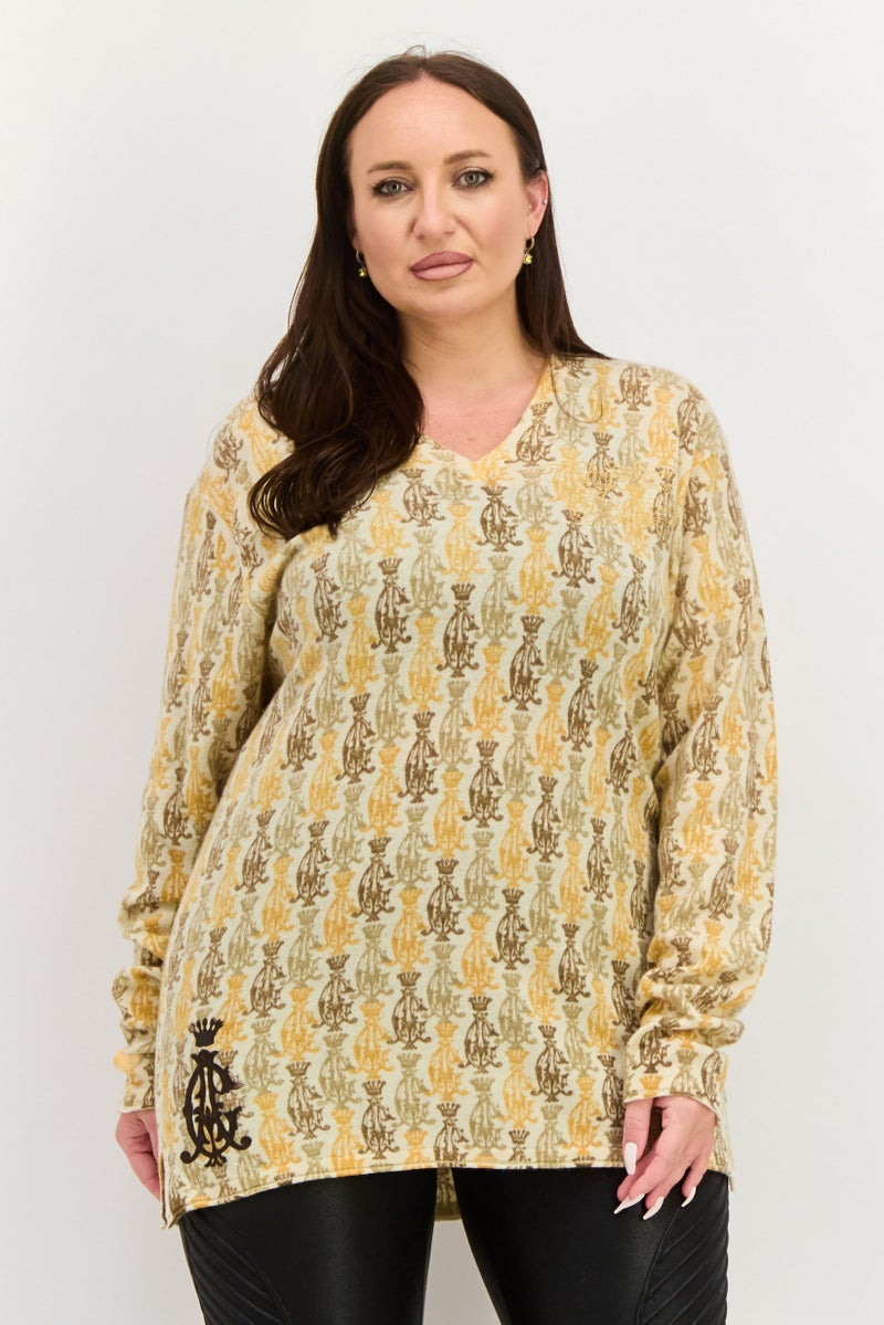 CHRISTIAN AUDIGIER Women V Neck Long Sleeve Allover Print Sweater, Off White Combo - Image 1